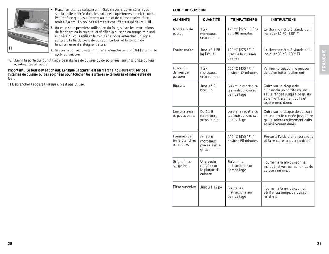 Black & Decker CTO4500SCUC manual Guide DE Cuisson Aliments Quantité TEMP./TEMPS Instructions 