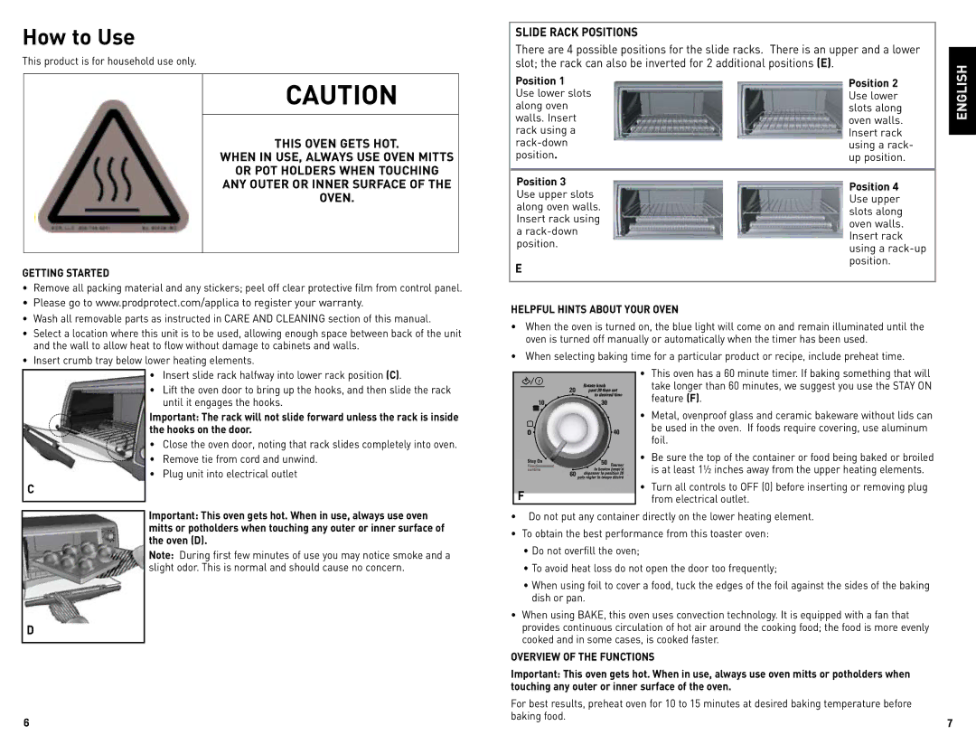 Black & Decker CTO4500SCUC How to Use, Slide Rack Positions, When in USE, Always USE Oven Mitts, ANY OU R R Inner Surfa 