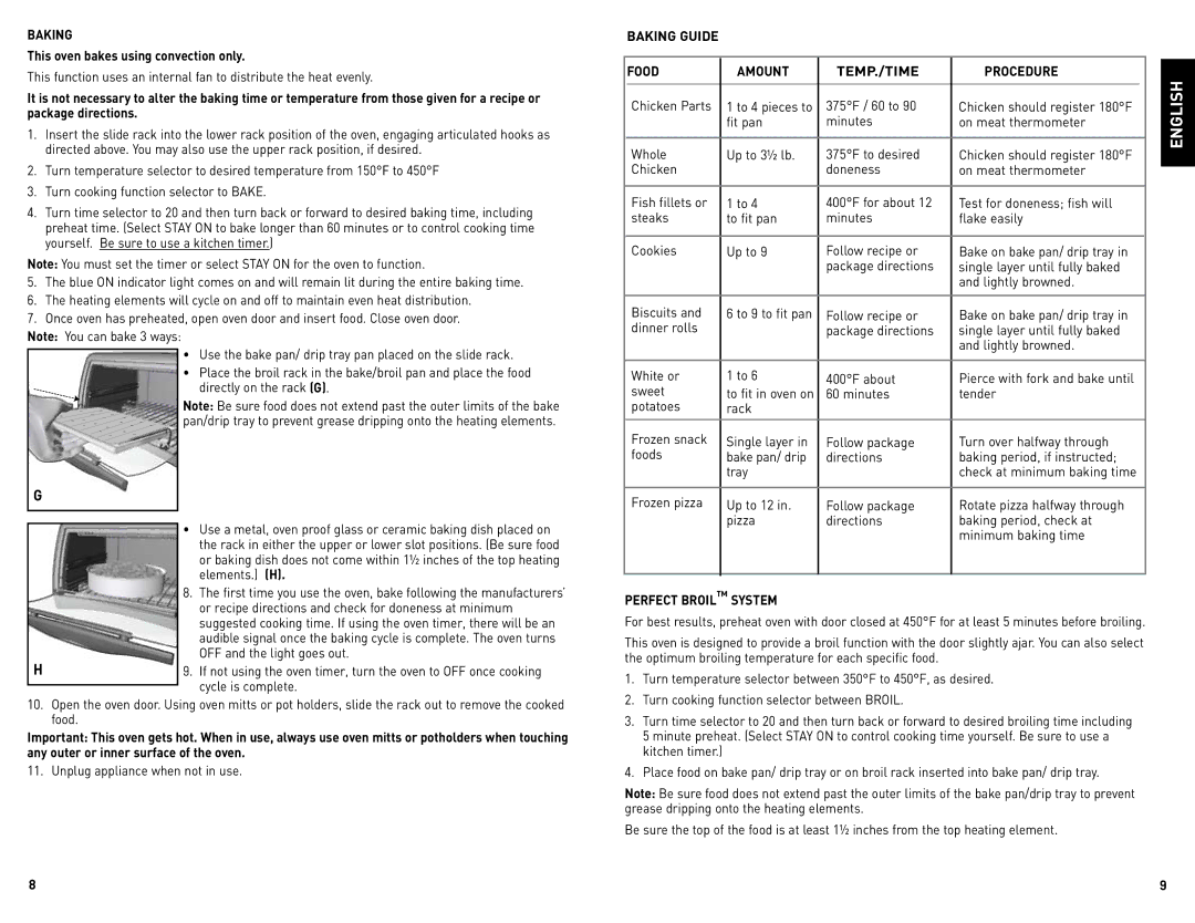 Black & Decker CTO4500SCUC manual Baking Guide Food Amount TEMP./TIME Procedure, Perfect Broil System 