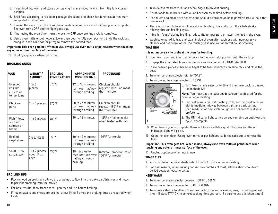 Black & Decker CTO4500SCUC Broiling Guide Food Weight Approximate Procedure Amount, Cooking Time, Broiling Tips, Toasting 