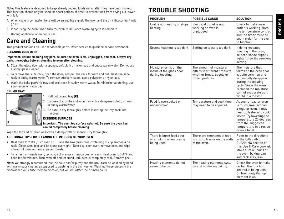Black & Decker CTO4500SCUC manual Care and Cleaning, Cleaning Your Oven, Problem Possible Cause Solution 