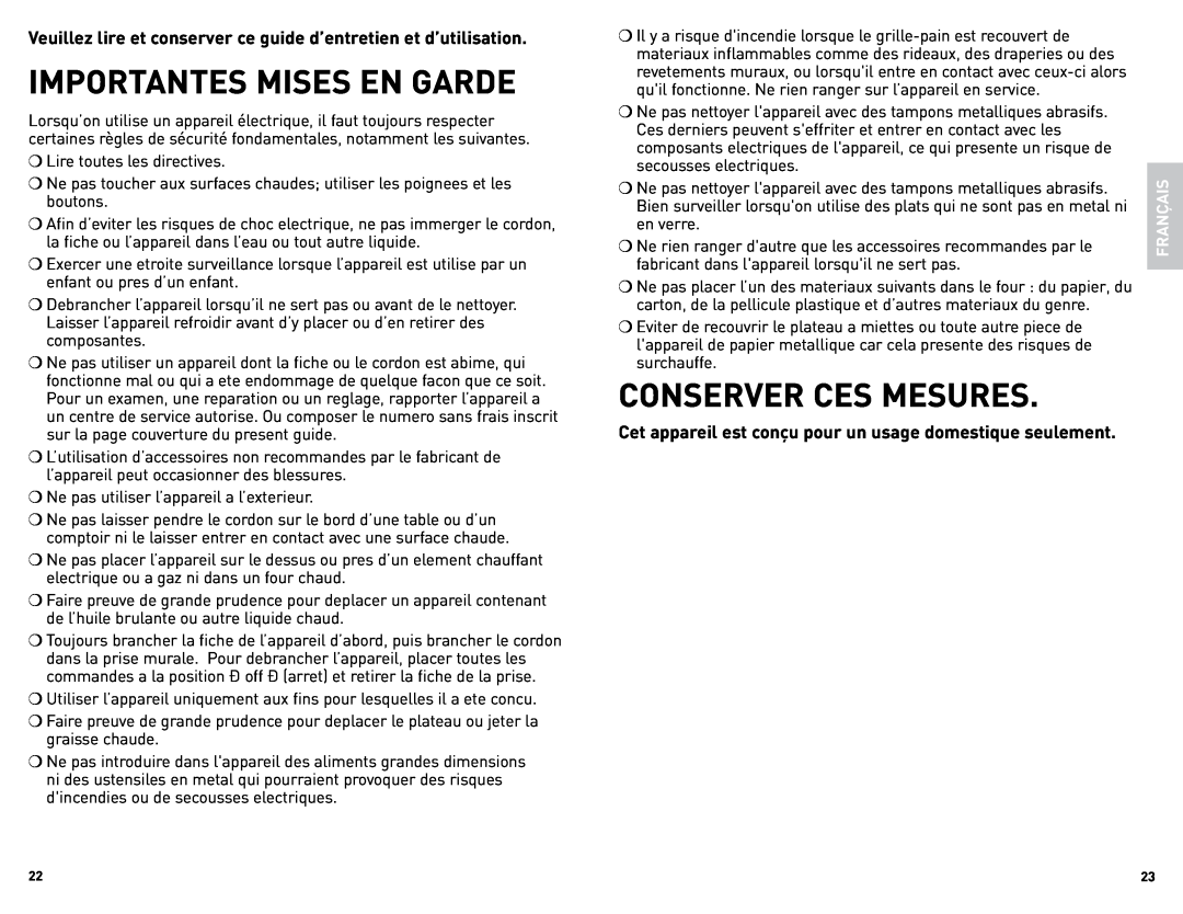 Black & Decker CTO4500SCUC manual Importantes Mises En Garde, Conserver Ces Mesures, Français 