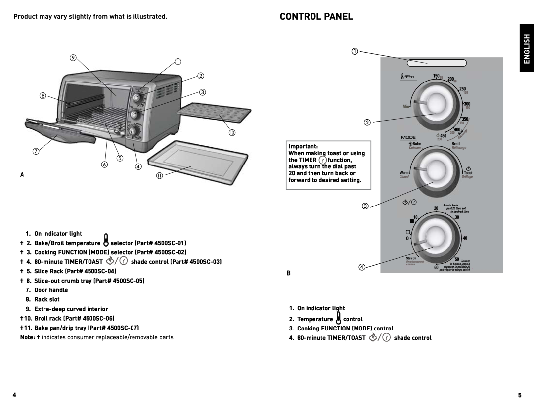 Black & Decker CTO4500SC manual Control Panel, English, Product may vary slightly from what is illustrated,       