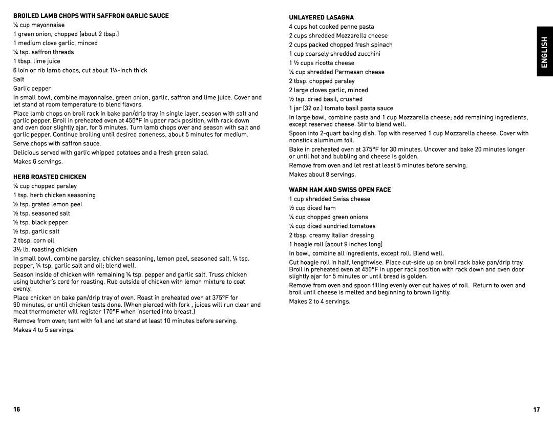 Black & Decker CTO4500SCUC manual English, BROILED LAMB CHOPS WITH SAFFRON GARLIC SAUCE ¼ cup mayonnaise 
