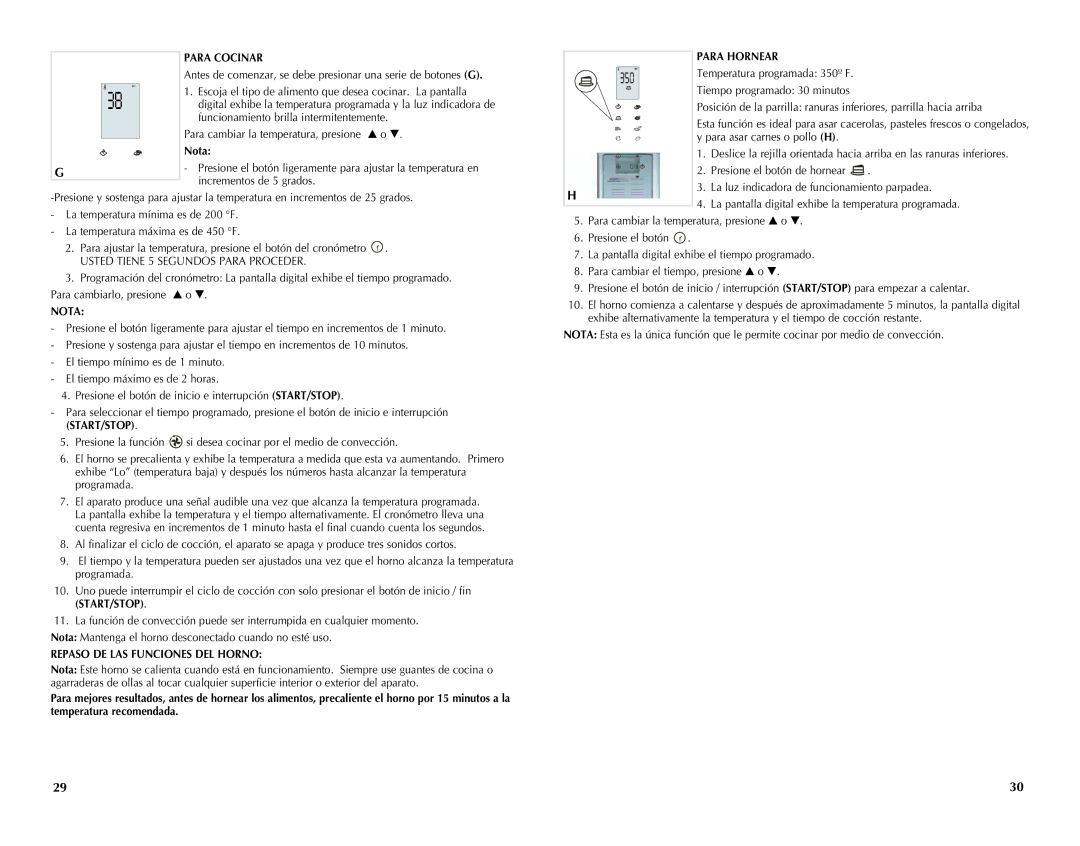 Black & Decker CTO4550SD manual Para Cocinar, Nota, Para Hornear, Repaso DE LAS Funciones DEL Horno 