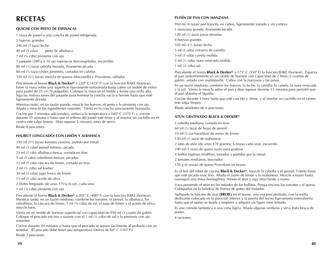 Black & Decker CTO4550SD Quiche con pesto de espinacas, Ml ¼ cdta pimienta con ajo, Halibut lenguado con limón y albahaca 