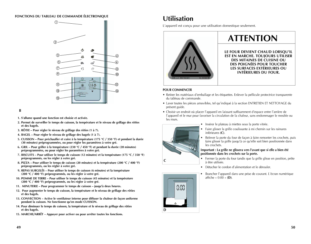 Black & Decker CTO4550SD manual Fonctions DU Tableau DE Commande Électronique, Pour Commencer 