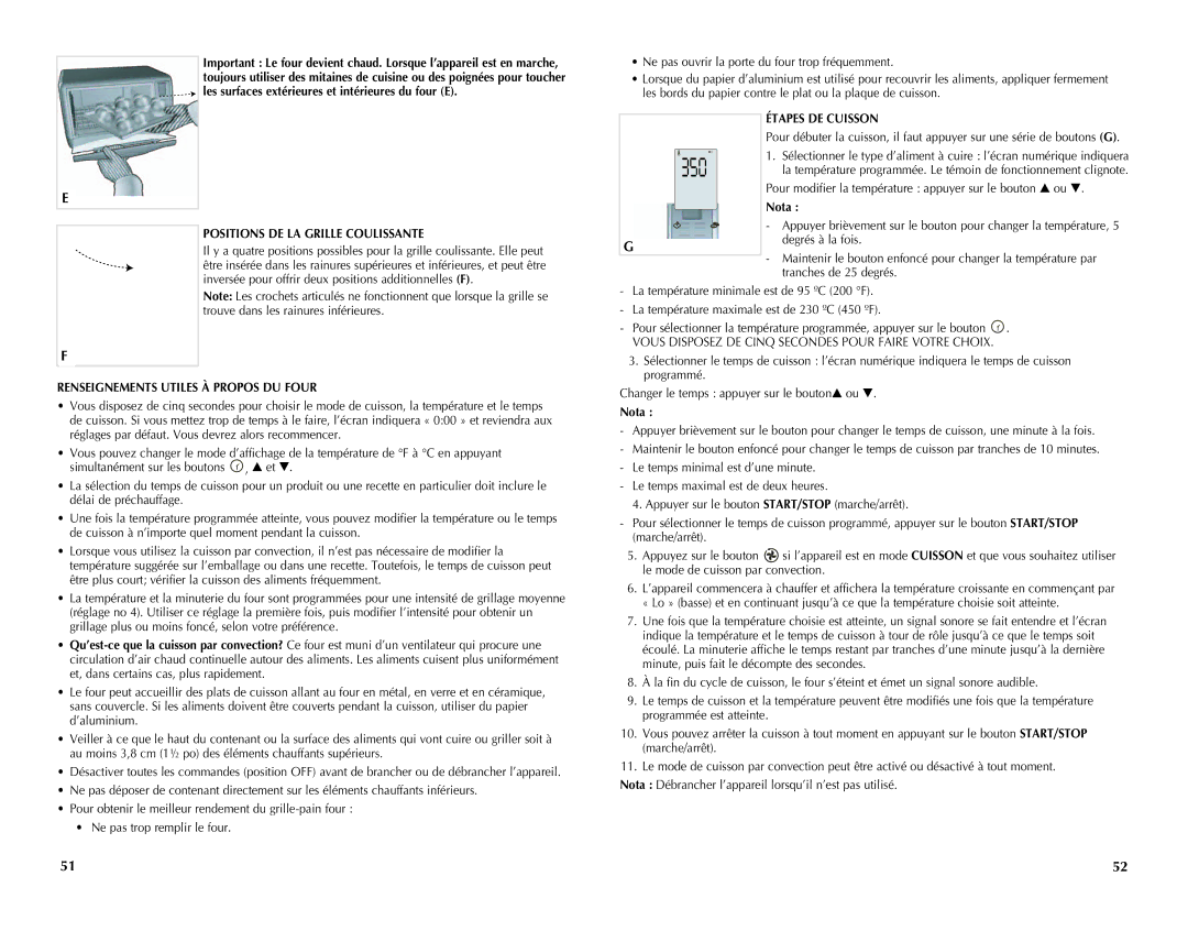 Black & Decker CTO4550SD Positions DE LA Grille Coulissante, Étapes DE Cuisson, Renseignements Utiles À Propos DU Four 