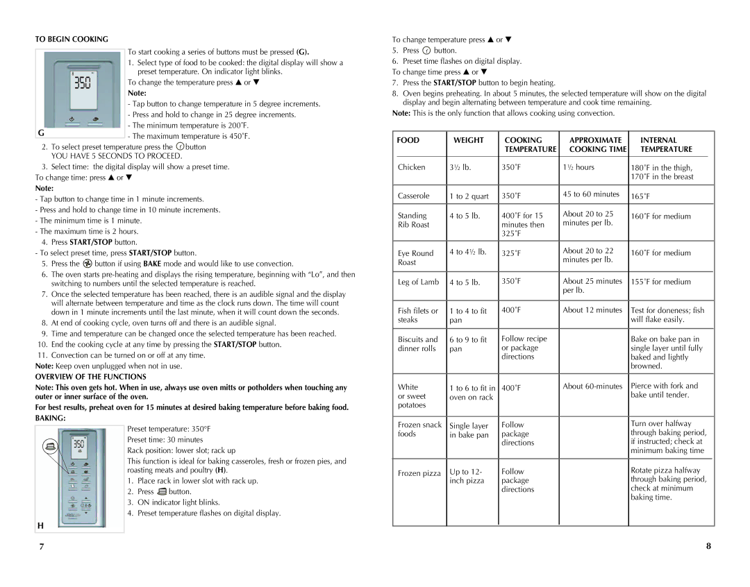 Black & Decker CTO4550SD manual To Begin Cooking, Food Weight Cooking Approximate, Overview of the Functions, Baking 