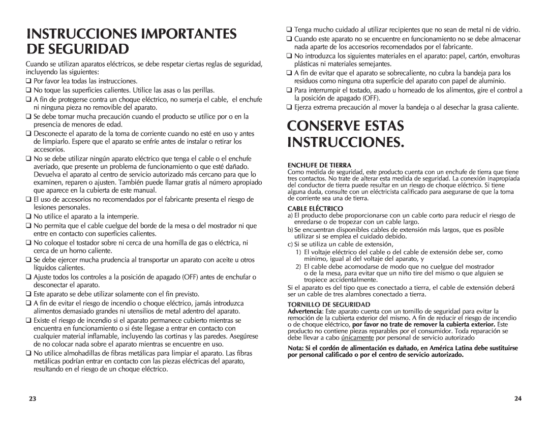 Black & Decker CTO4550SD manual Conserve Estas Instrucciones, Instrucciones Importantes De Seguridad 