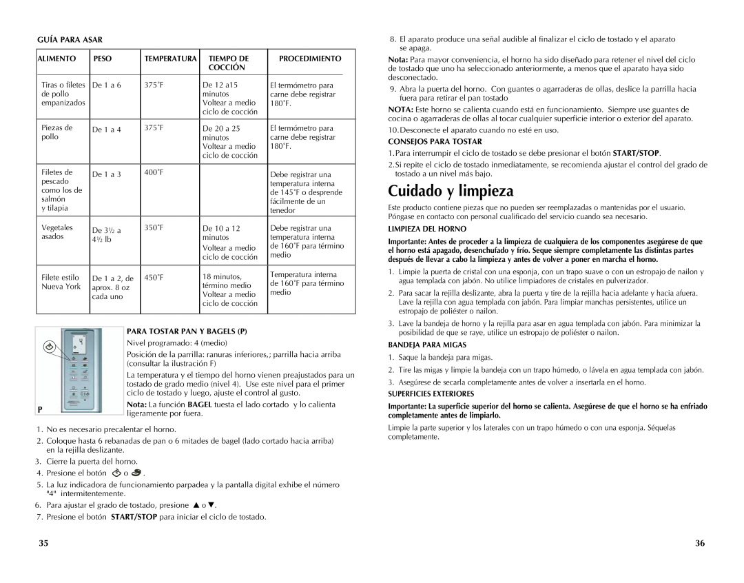 Black & Decker CTO4550SD manual Cuidado y limpieza, Guía Para Asar, Alimento, Peso, Tiempo De, Procedimiento, Cocción 