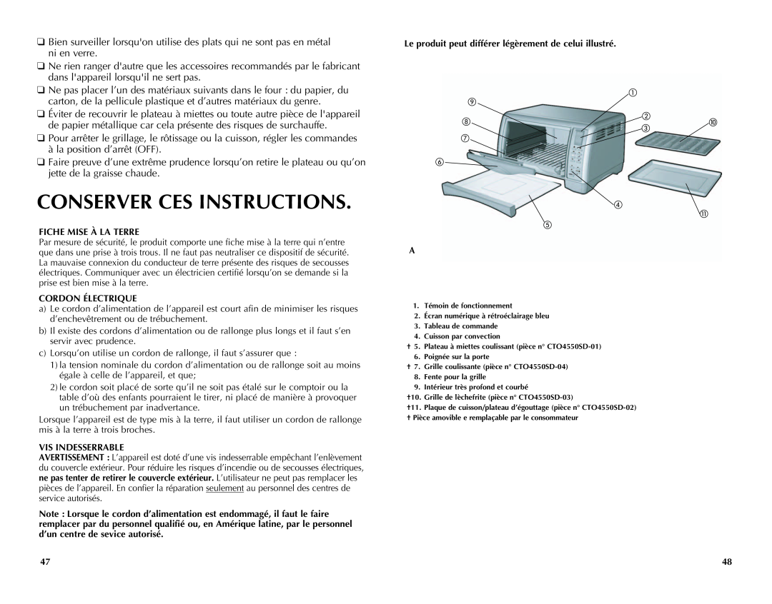Black & Decker CTO4550SD manual Conserver Ces Instructions, à la position d’arrêt OFF, jette de la graisse chaude 