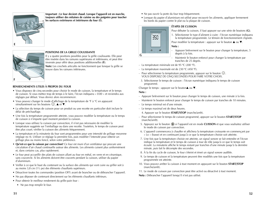 Black & Decker CTO4550SD manual 350 F, Positions De La Grille Coulissante, Étapes De Cuisson, Nota 