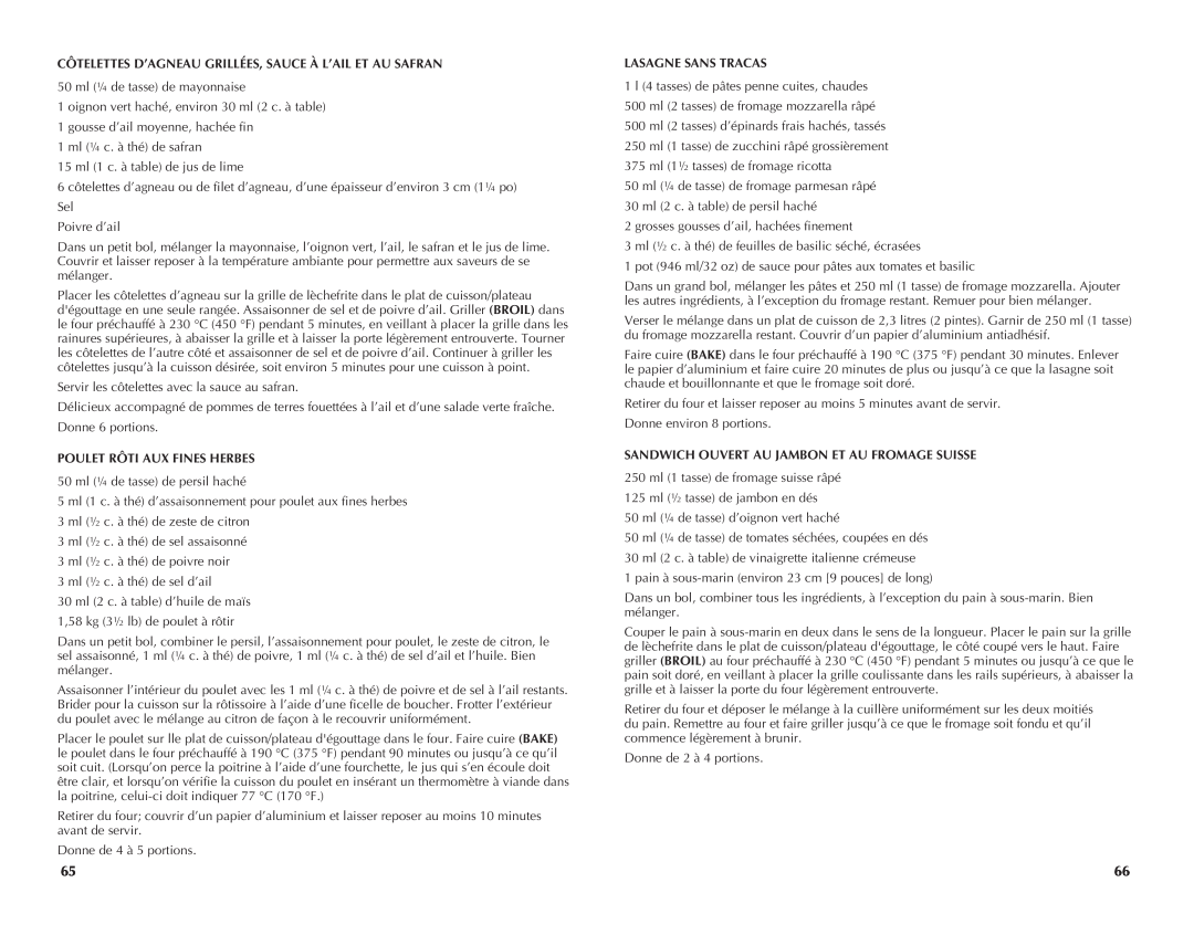 Black & Decker CTO4550SD manual Côtelettes D’Agneau Grillées, Sauce À L’Ail Et Au Safran, Poulet Rôti Aux Fines Herbes 