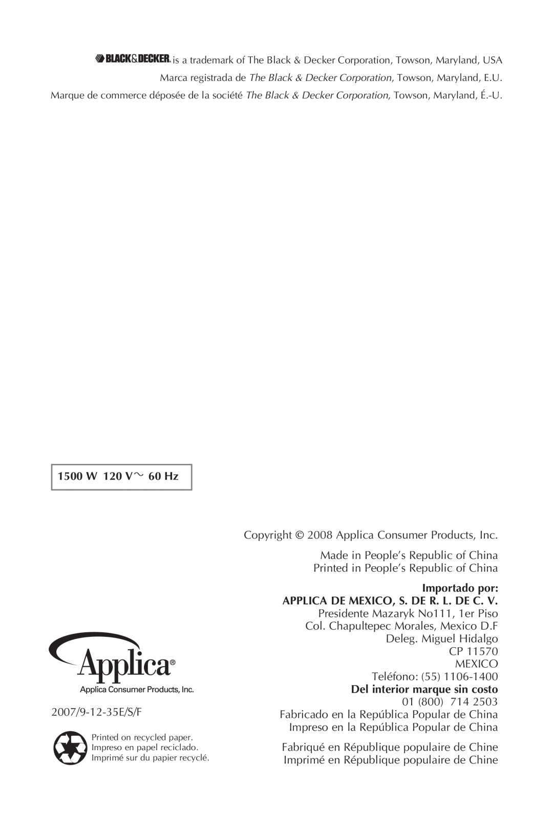 Black & Decker CTO4550SD manual 1500 W 120 V 60 Hz, Importado por APPLICA DE MEXICO, S. DE R. L. DE C 