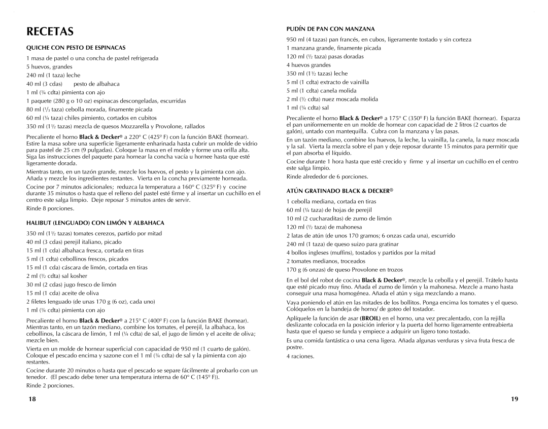 Black & Decker CTO4551KT Quiche con pesto de espinacas, Ml ¼ cdta pimienta con ajo, Halibut lenguado con limón y albahaca 