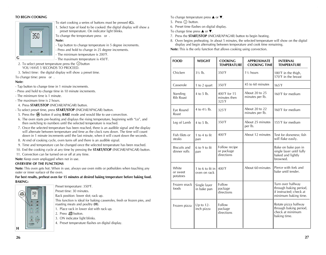 Black & Decker CTO4551KT, CTO4551SD manual To Begin Cooking, Food Weight Cooking Approximate, Overview of the Functions 