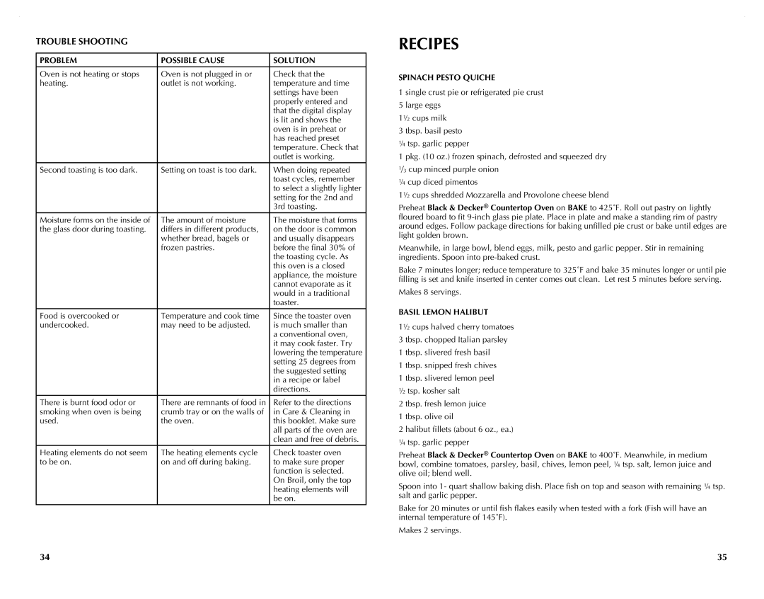 Black & Decker CTO4551KT Trouble Shooting, Problem Possible Cause Solution, Spinach Pesto Quiche, Basil Lemon Halibut 