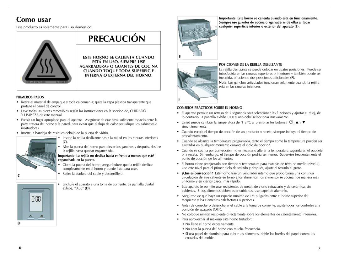 Black & Decker CTO4551KT, CTO4551SD Este Horno SE Calienta Cuando, Está EN USO. Siempre USE, Interna O Externa DEL Horno 