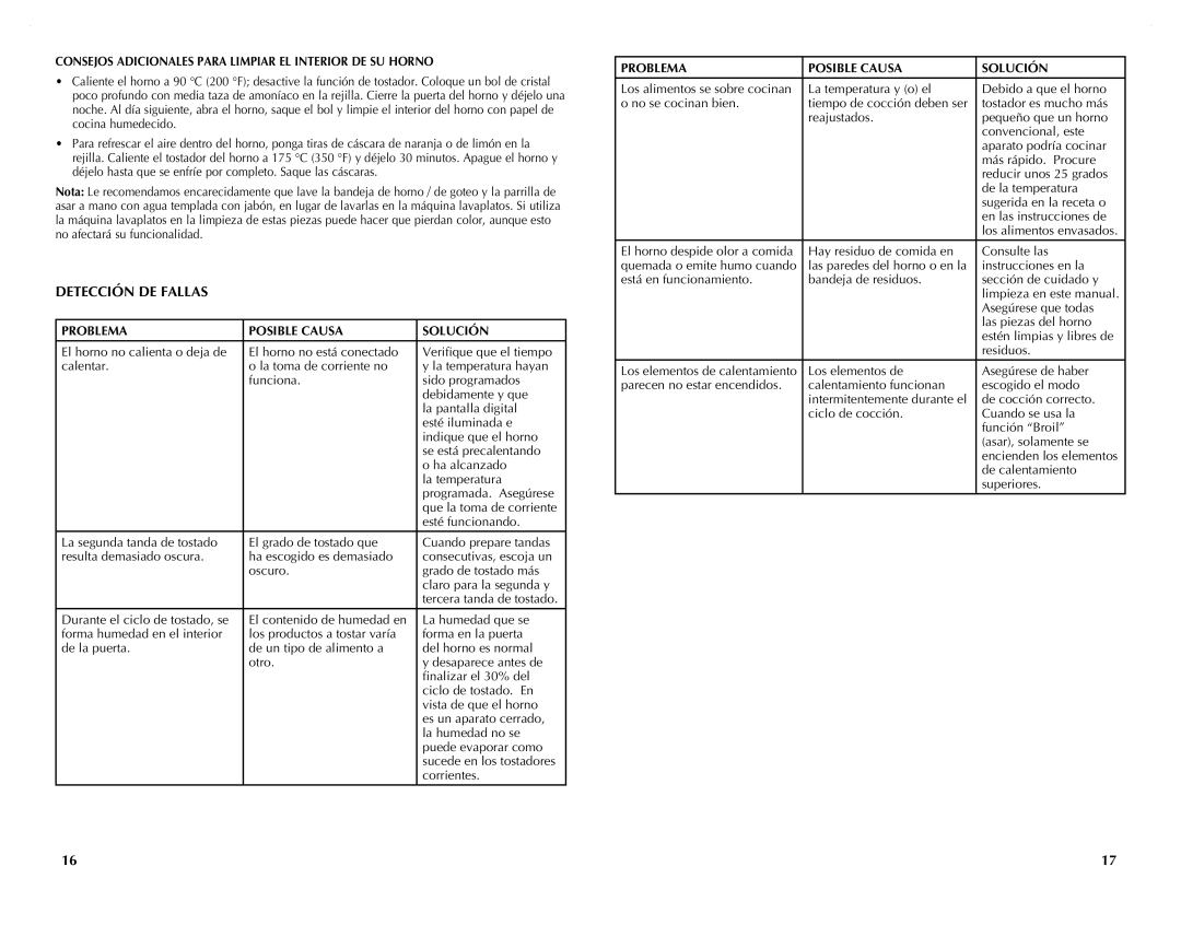 Black & Decker CTO4551SD, CTO4551KT manual Detección DE Fallas, Consejos Adicionales Para Limpiar EL Interior DE SU Horno 