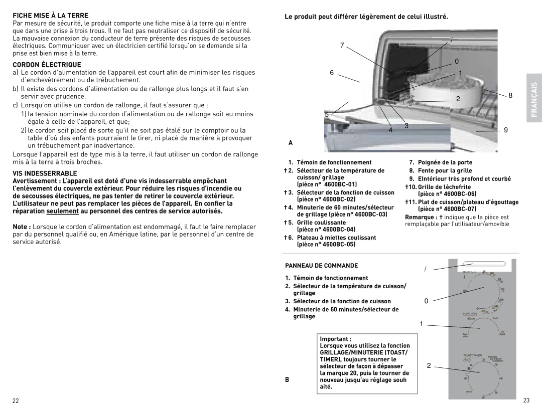 Black & Decker CTO4600BC manual Fiche Mise À LA Terre, Cordon Électrique, VIS Indesserrable, Panneau DE Commande 