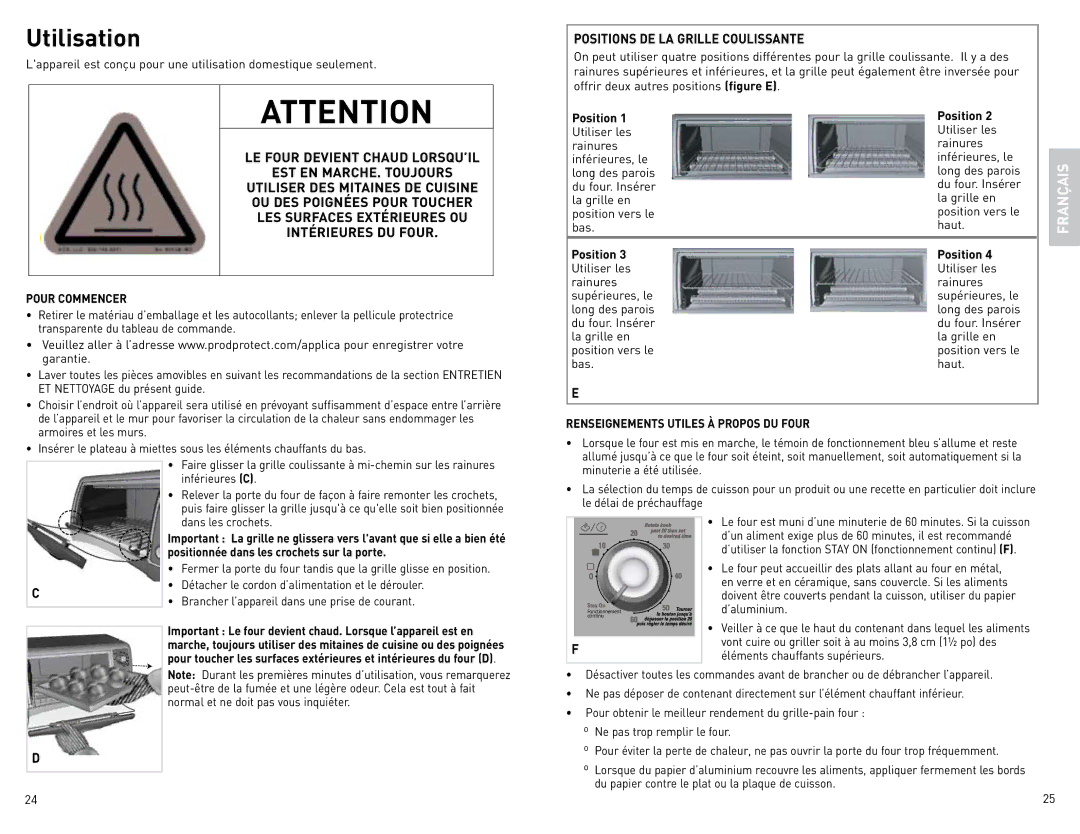 Black & Decker CTO4600BC manual Utilisation, Positions DE LA Grille Coulissante, Pour Commencer 