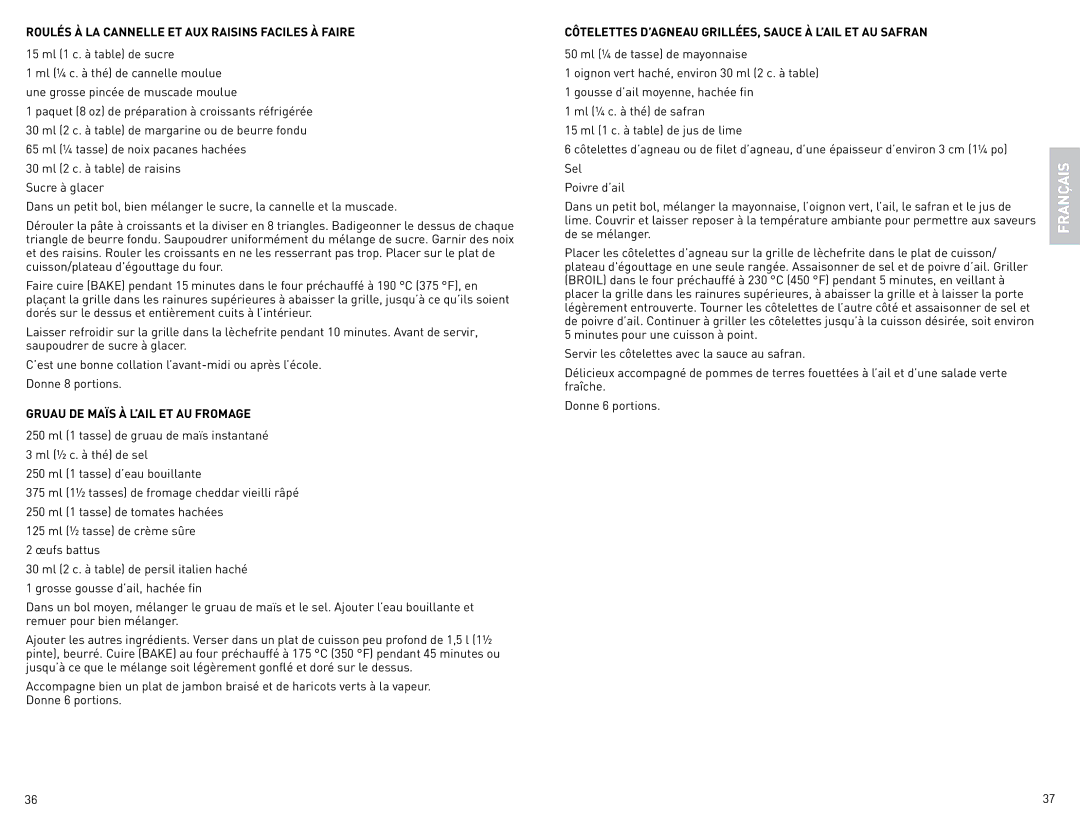Black & Decker CTO4600BC manual Roulés À LA Cannelle ET AUX Raisins Faciles À Faire, 15 ml 1 c. à table de sucre 