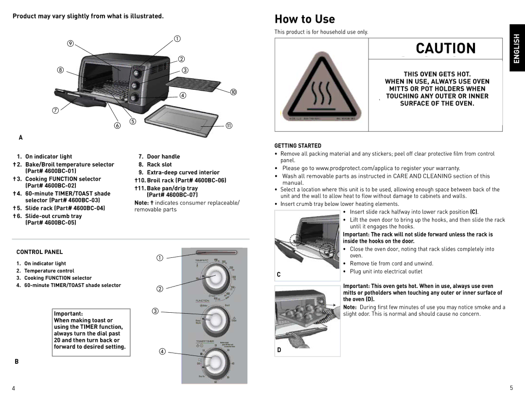 Black & Decker CTO4600BC How to Use, When in USE, Always USE Oven, Mitts or POT Holders When, Touching ANY Outer or Inner 