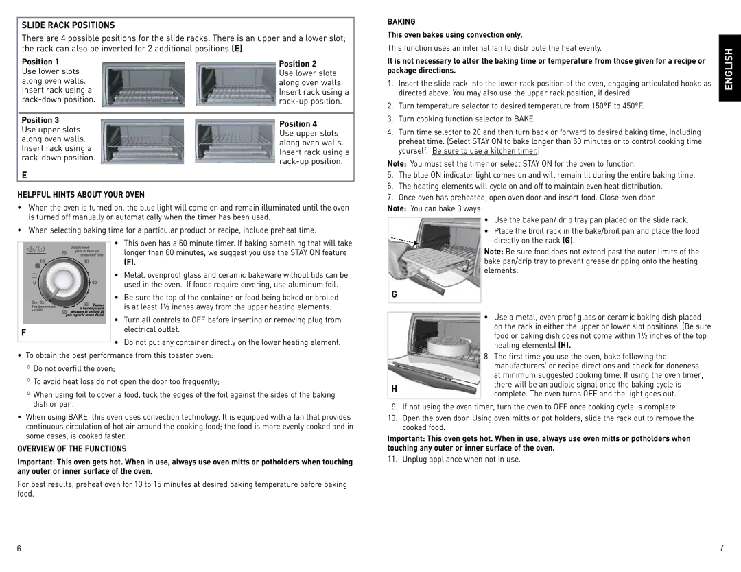 Black & Decker CTO4600BC manual Slide Rack Positions, Baking, Helpful Hints about Your Oven, Overview of the Functions 