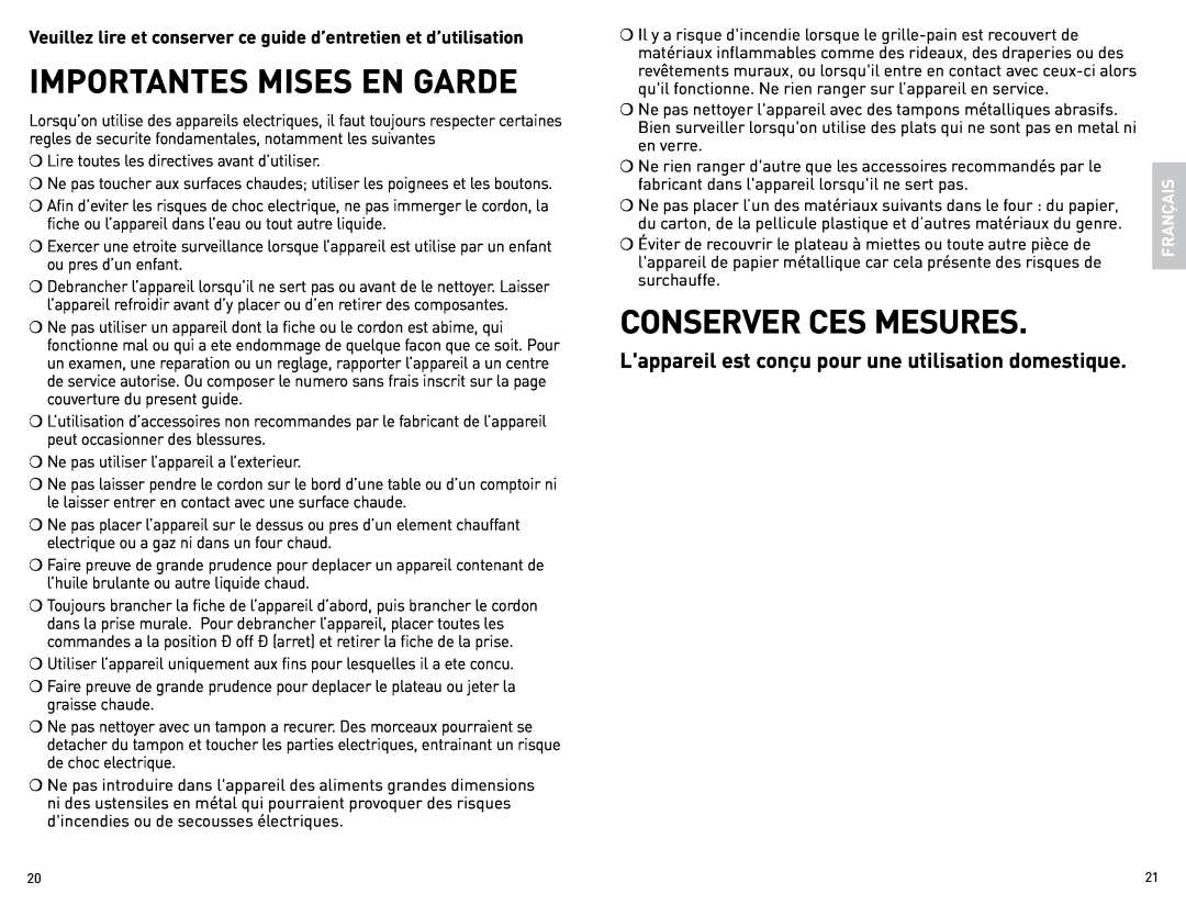 Black & Decker CTO4600BC manual Importantes Mises En Garde, Conserver Ces Mesures, Français 