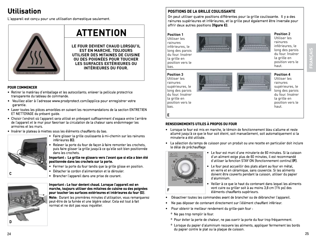 Black & Decker CTO4600BC manual Utilisation, ATTENTION$ 65*0, Le Four Devient Chaud Lorsqu’Il Est En Marche. Toujours 