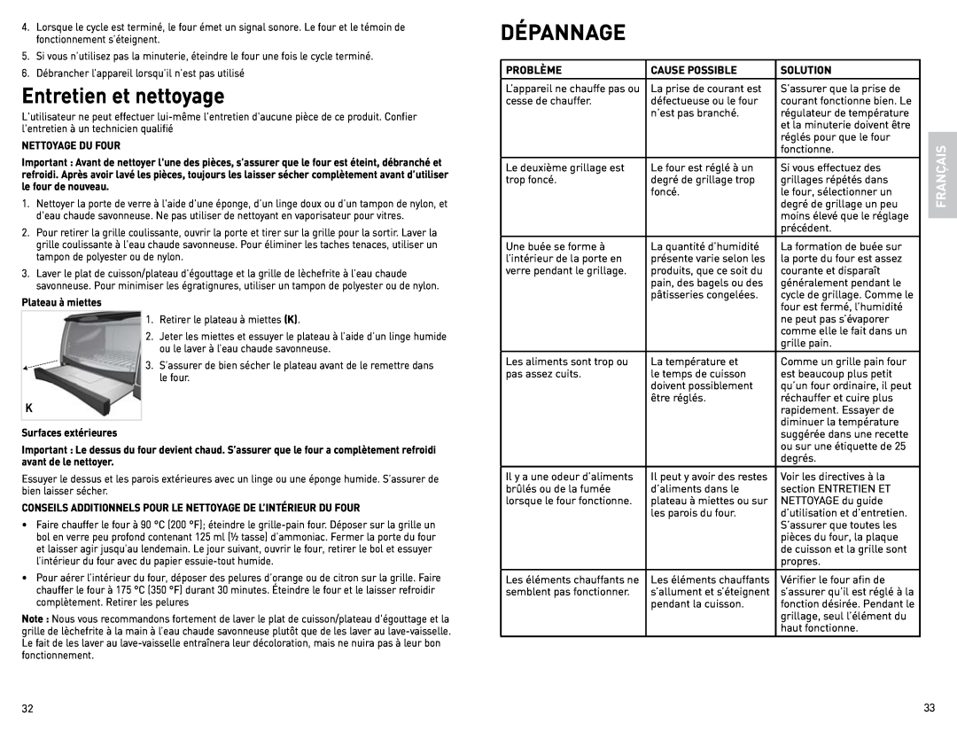 Black & Decker CTO4600BC manual Entretien et nettoyage, Dépannage, Français 