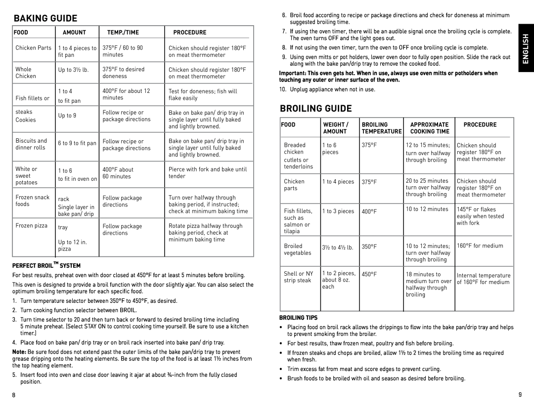 Black & Decker CTO4600BC manual Baking Guide, Broiling Guide, English 