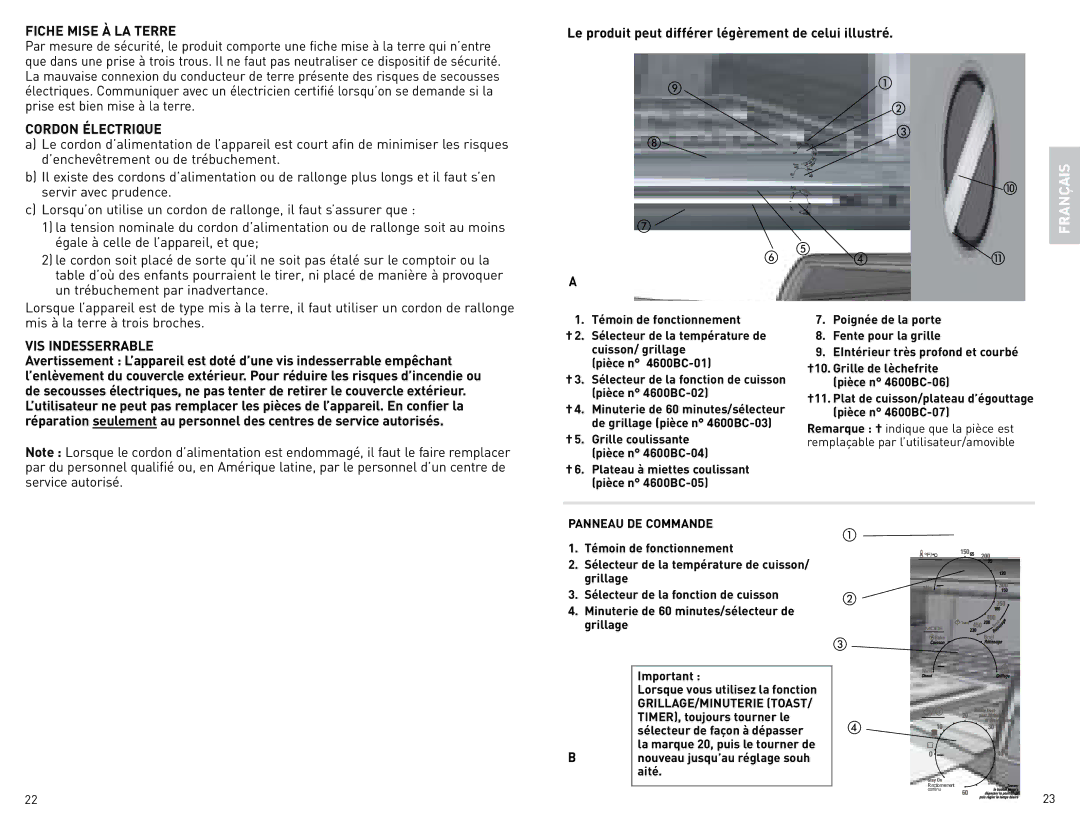 Black & Decker CTO4600BCUC manual Fiche Mise À LA Terre, Cordon Électrique, VIS Indesserrable, Panneau DE Commande 