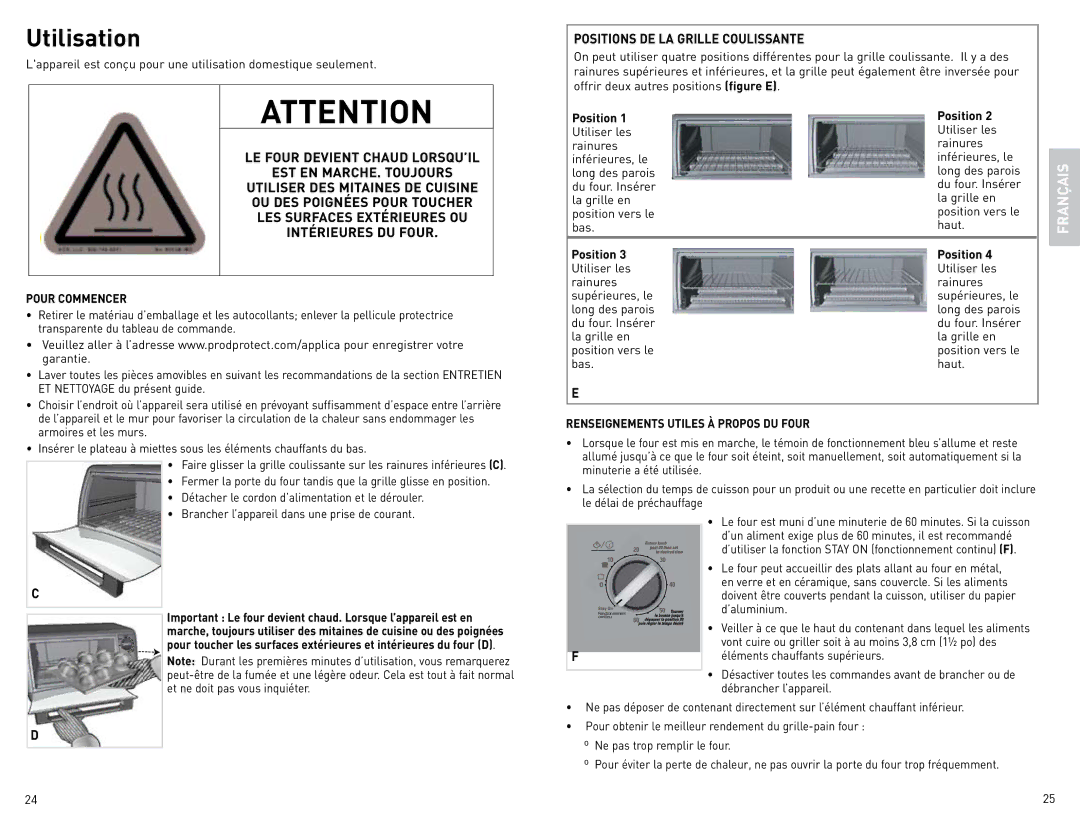 Black & Decker CTO4600BCUC Positions DE LA Grille Coulissante, Pour Commencer, Renseignements Utiles À Propos DU Four 