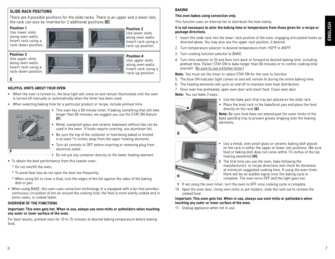 Black & Decker CTO4600BCUC manual Slide Rack Positions, Baking, Helpful Hints about Your Oven, Overview of the Functions 