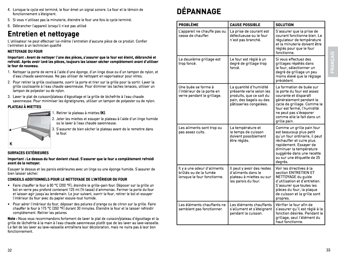 Black & Decker CTO4600BCUC manual Entretien et nettoyage, Dépannage, Français 