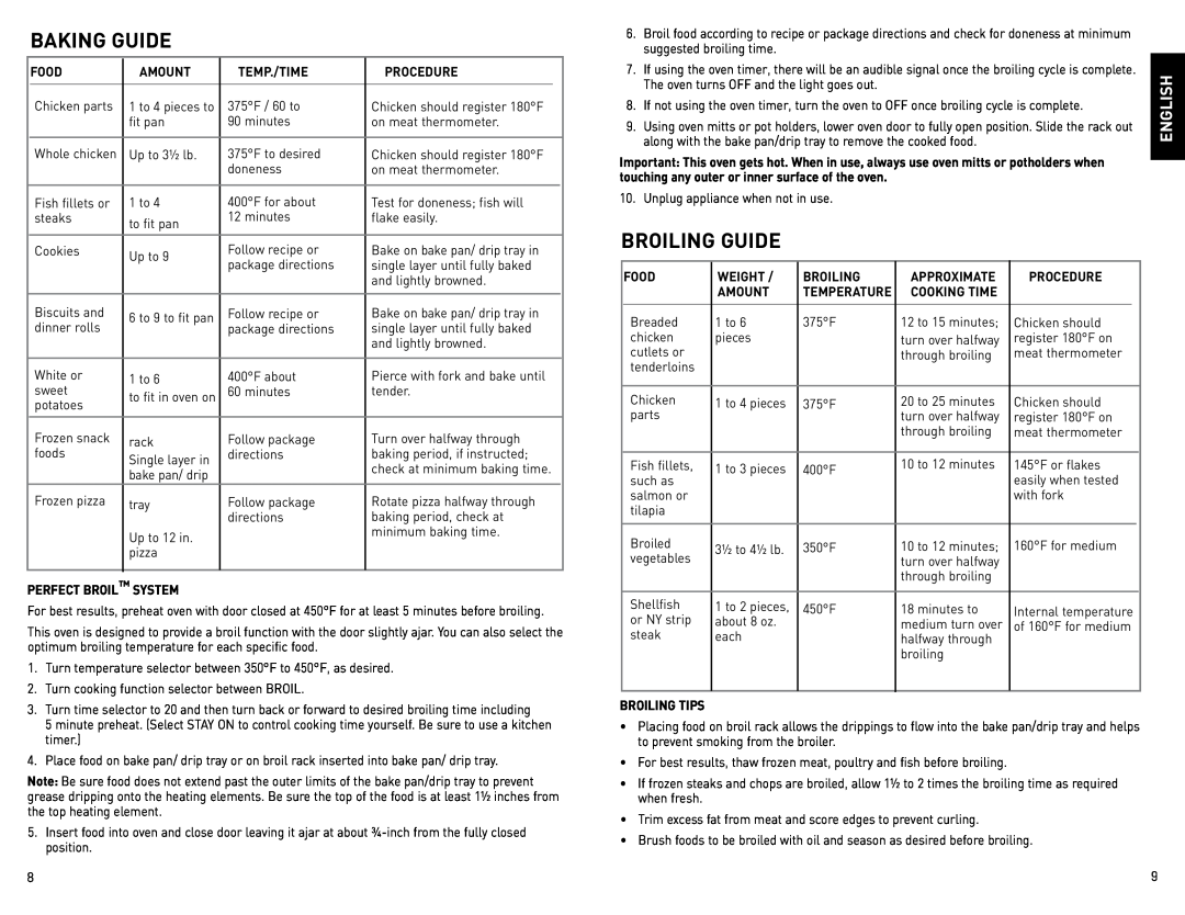 Black & Decker CTO4600BCUC manual Baking Guide, Broiling Guide, English 