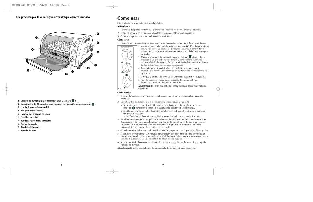 Black & Decker CTO500 manual Como usar, Antes de usar, Cómo tostar, Cómo hornear 