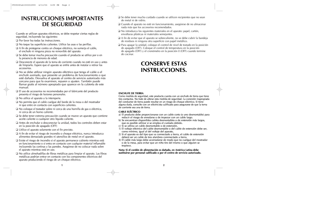 Black & Decker CTO500 manual Instrucciones Importantes De Seguridad, Conserve Estas Instrucciones 