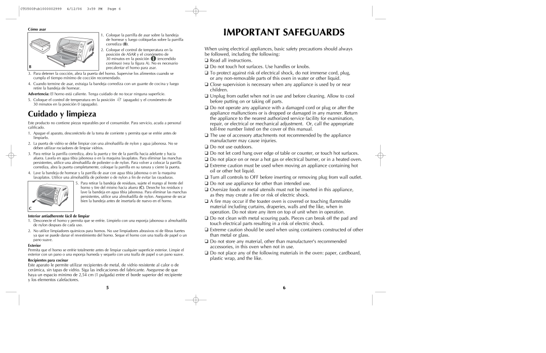 Black & Decker CTO500 manual Important Safeguards, Cuidado y limpieza 