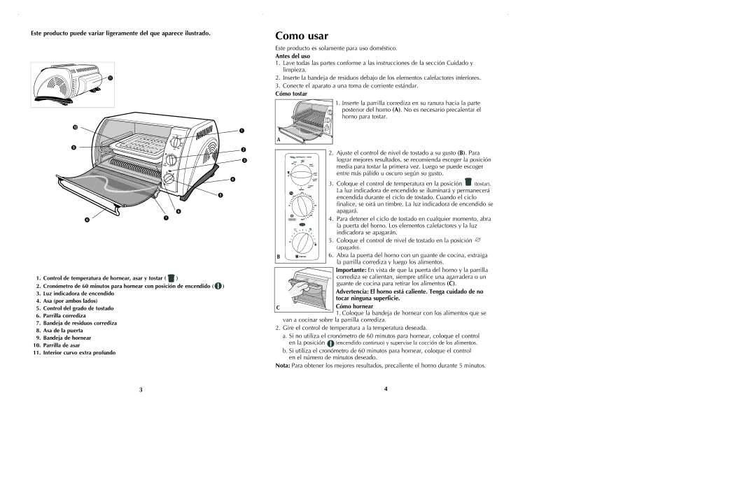 Black & Decker CTO600 manual Como usar, Advertencia El horno está caliente. Tenga cuidado de no 