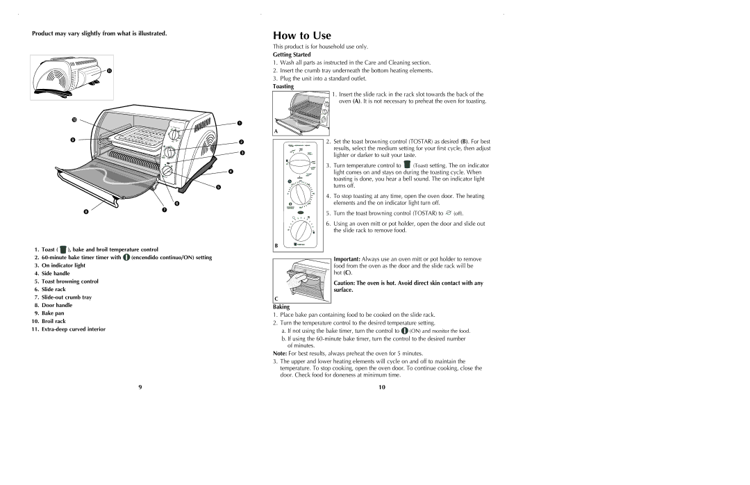 Black & Decker CTO600 manual How to Use, Getting Started, Toasting, Baking 