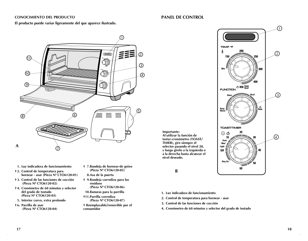 Black & Decker CTO6120B manual Conocimiento DEL Producto, Luz indicadora de funcionamiento 