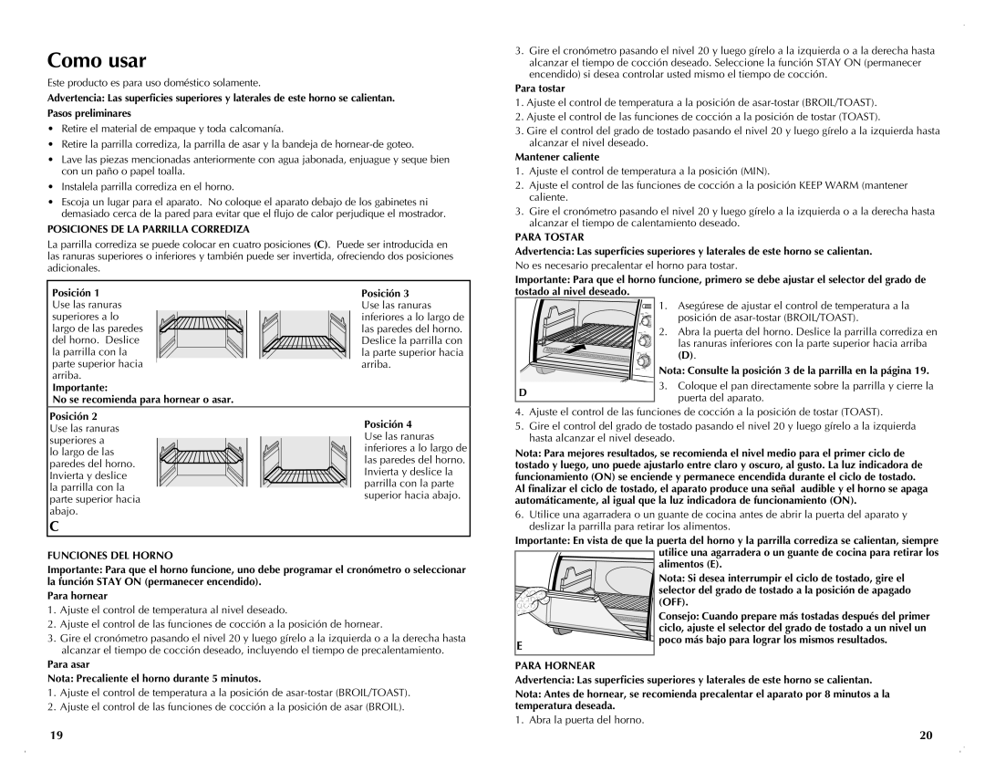 Black & Decker CTO6120 Como usar, Posiciones DE LA Parrilla Corrediza, Funciones DEL Horno, Para Tostar, Para Hornear 