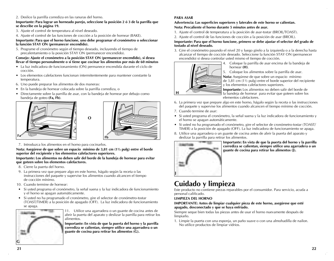 Black & Decker CTO6120B manual Cuidado y limpieza, Para Asar, Limpieza DEL Horno 