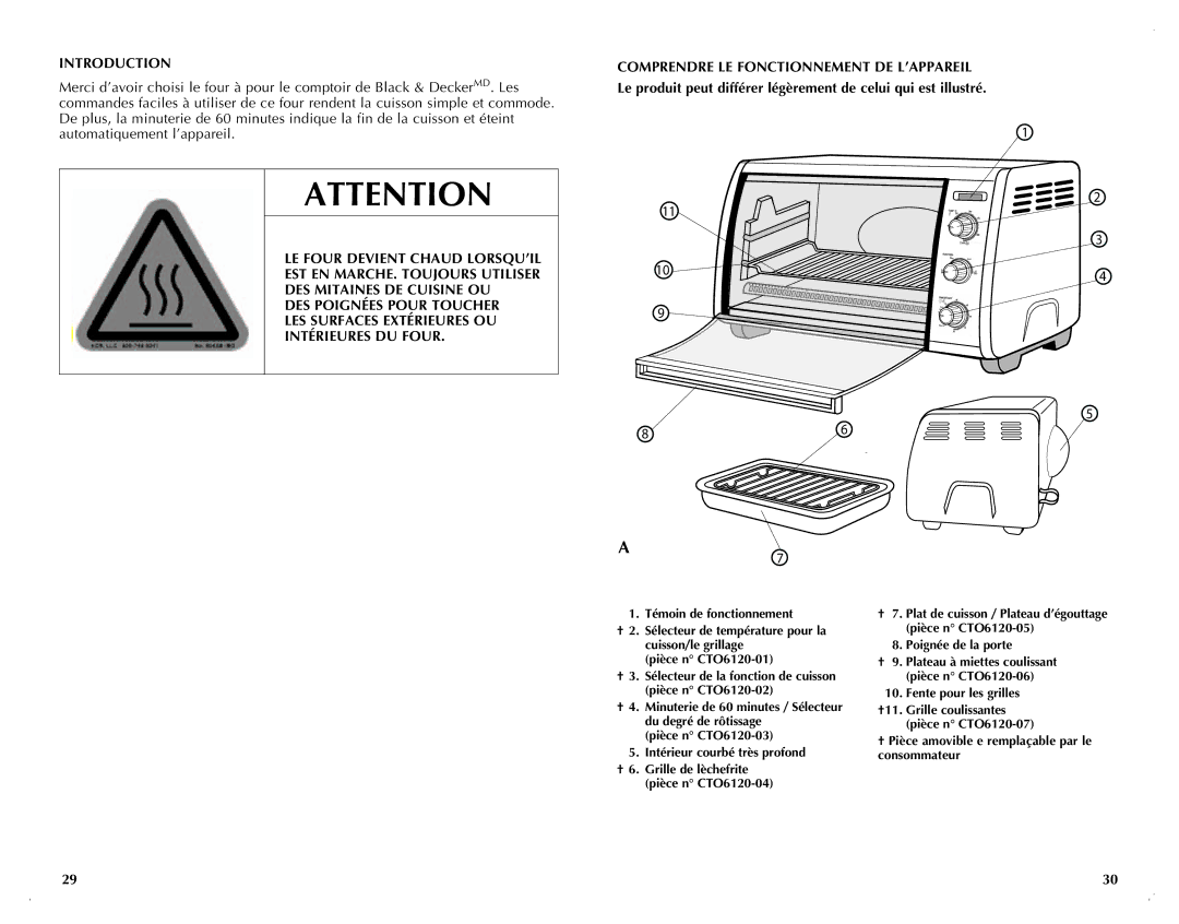 Black & Decker CTO6120B manual Introduction, † Pièce amovible e remplaçable par le consommateur 