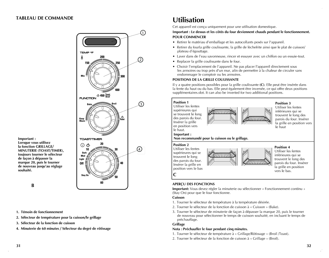 Black & Decker CTO6120B manual Utilisation, Pour Commencer, Positions DE LA Grille Coulissante, Aperçu DES Fonctions 