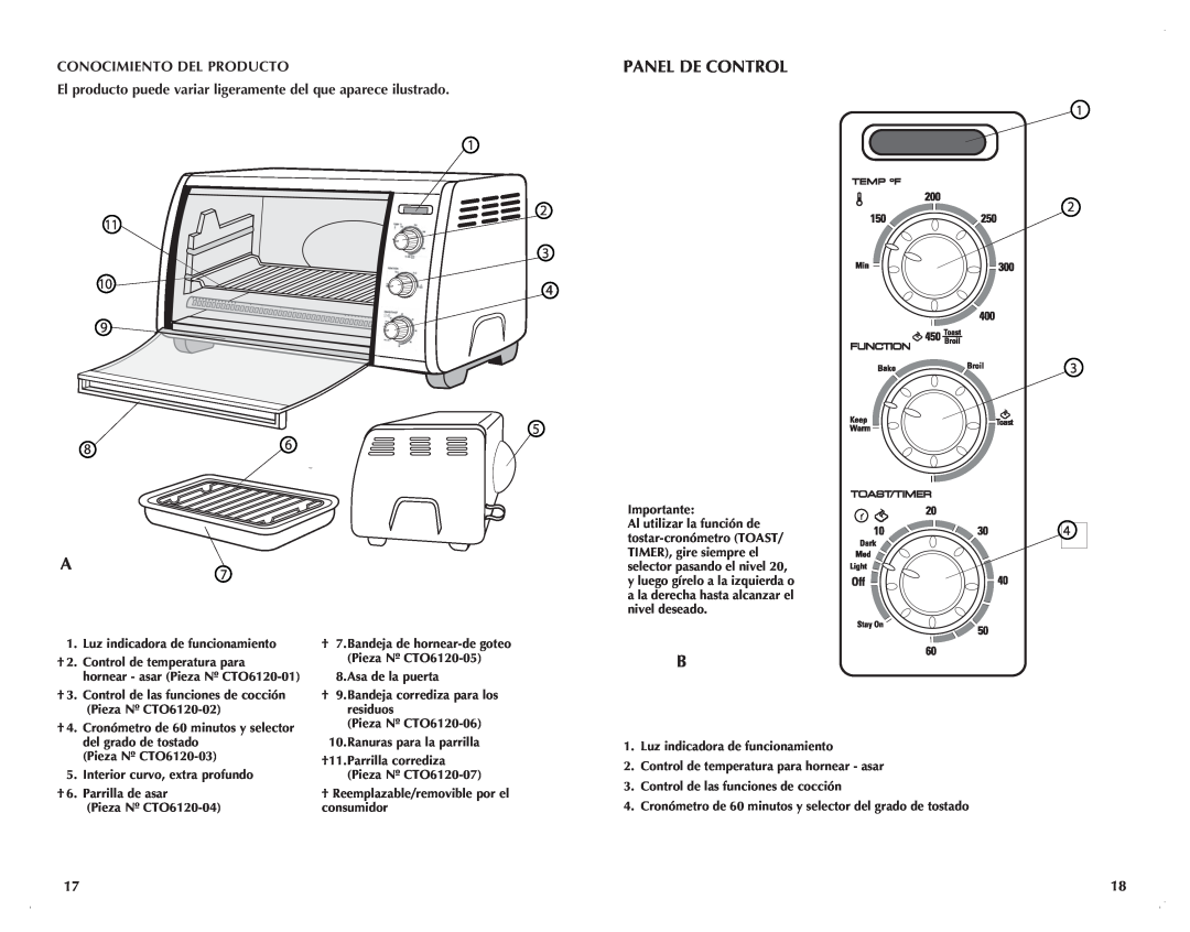 Black & Decker CTO6120B manual Panel De Control, Conocimiento Del Producto 