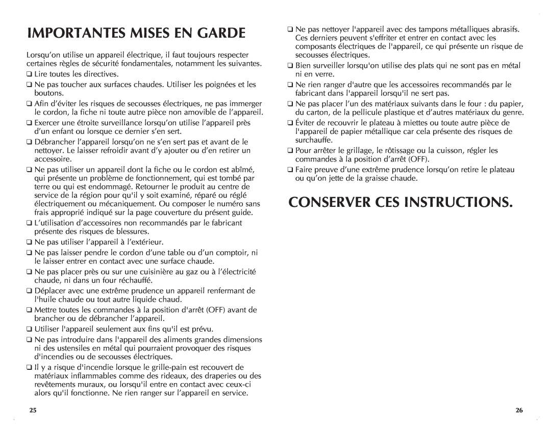 Black & Decker CTO6120B manual Importantes Mises En Garde, Conserver Ces Instructions 